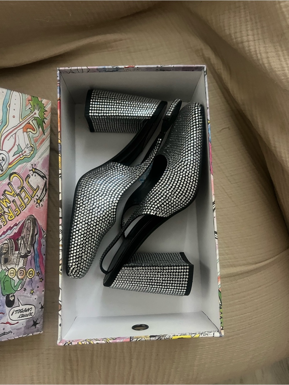 Jeffrey Campbell Silver Rhinestone Block Heel Slingback Pumps